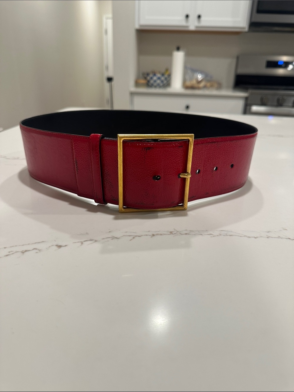 Yves Saint Laurent Wide Red Leather Belt with Gold Buckle